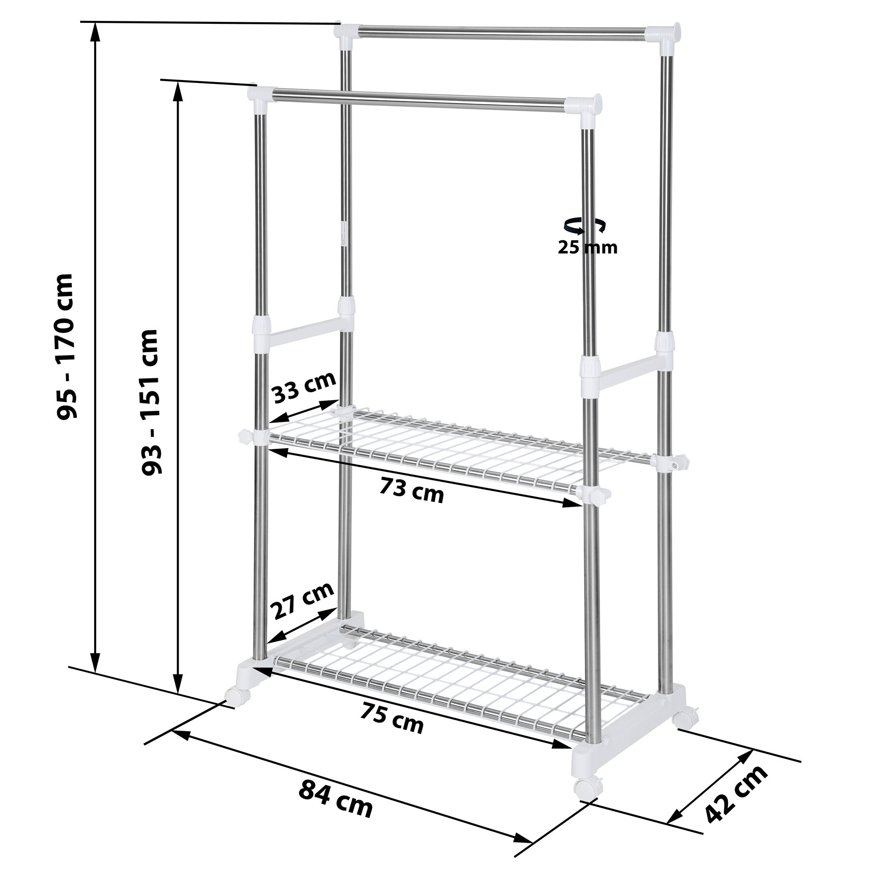 tectake® Kleiderständer, auf Rollen mit 2 Festellbremsen, pflegeleicht, 84 x 42 x 95 - 170 cm