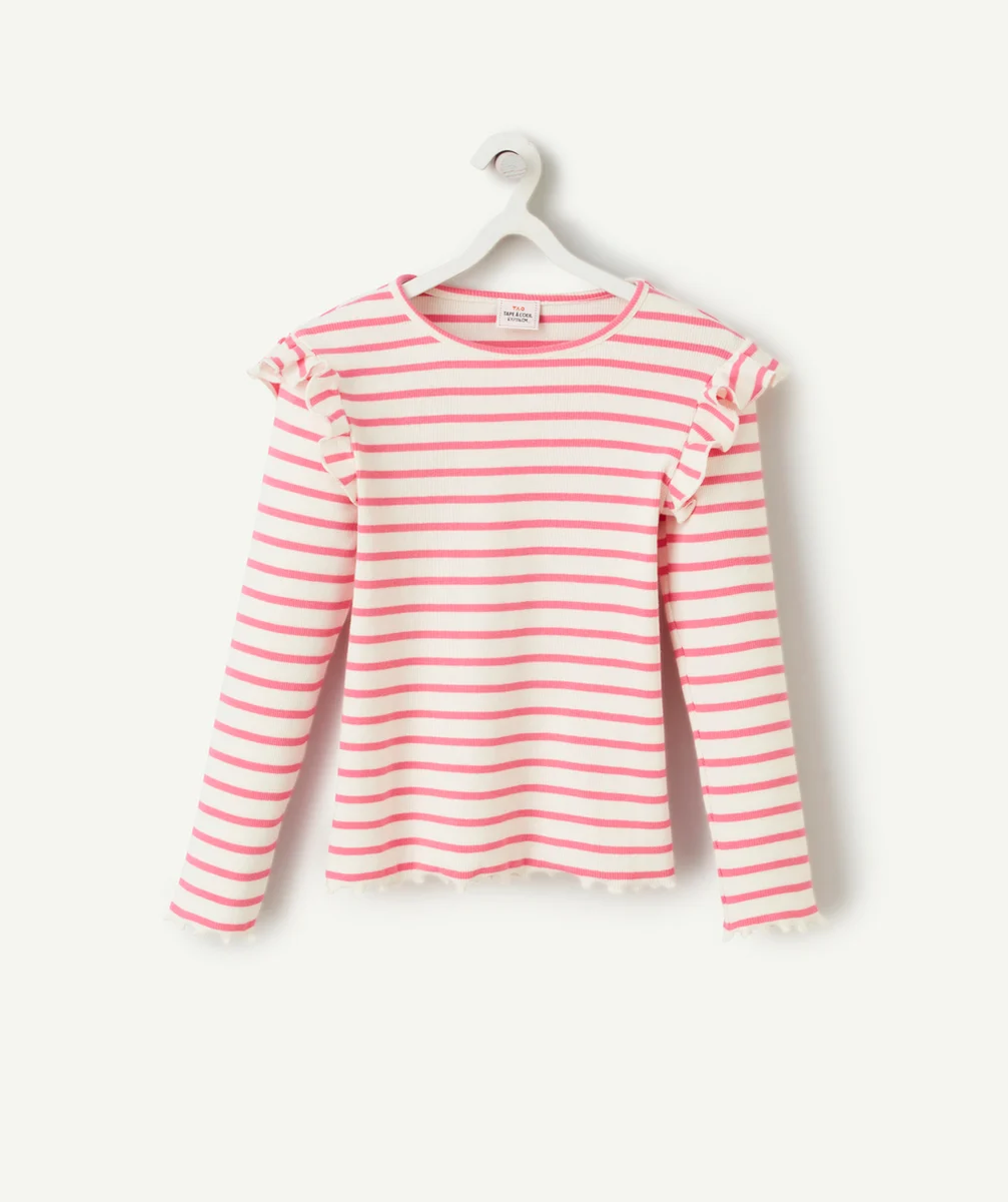 T-SHIRT CÔTELÉ FILLE EN COTON BION RAYÉ ROSE ET VOLANTS