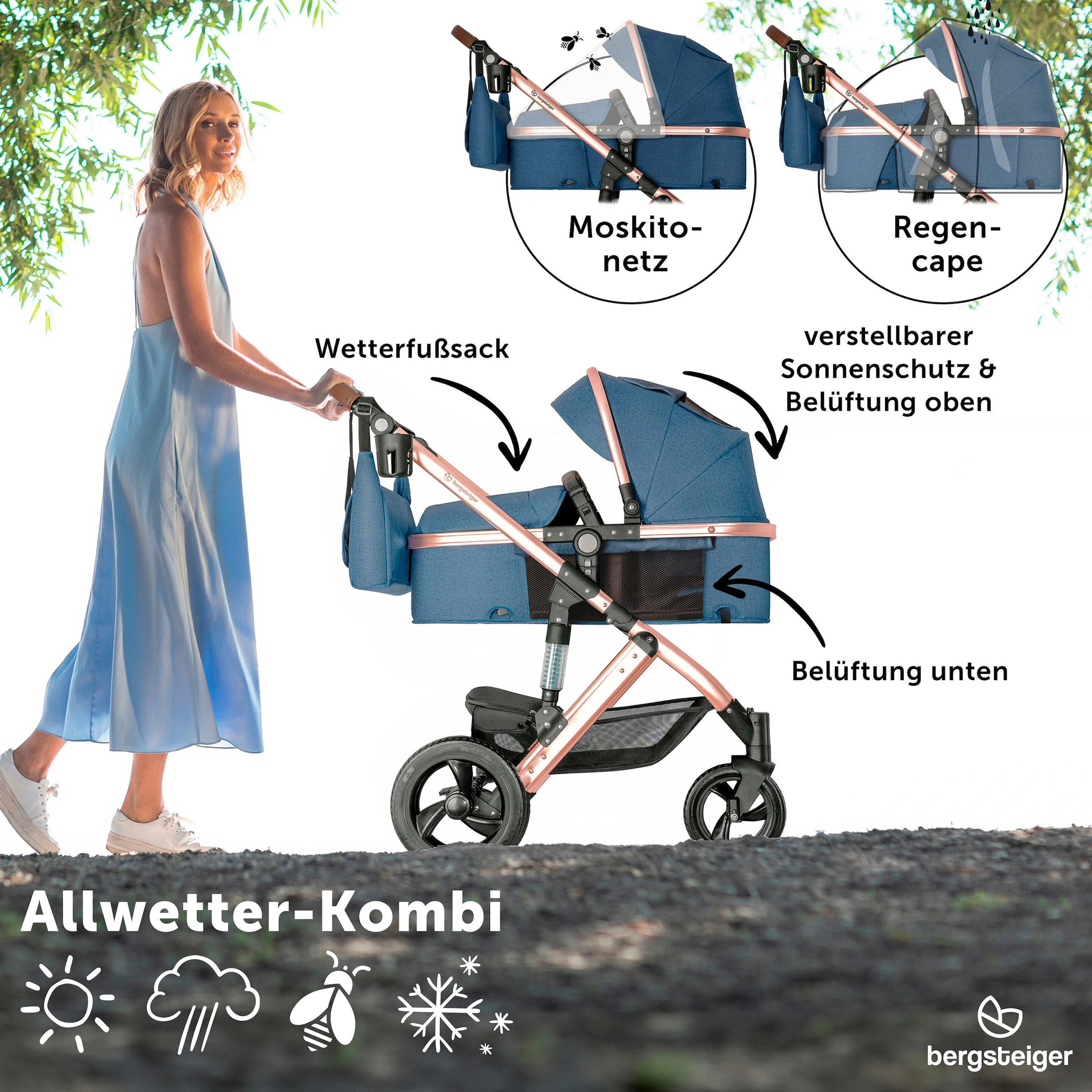 Bergsteiger Kinderwagen Nizza blue | Gestell: rose golden