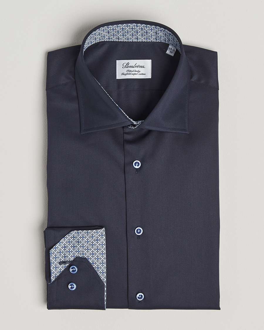 Stenströms Fitted Body Contrast Cotton Twill Shirt Navy