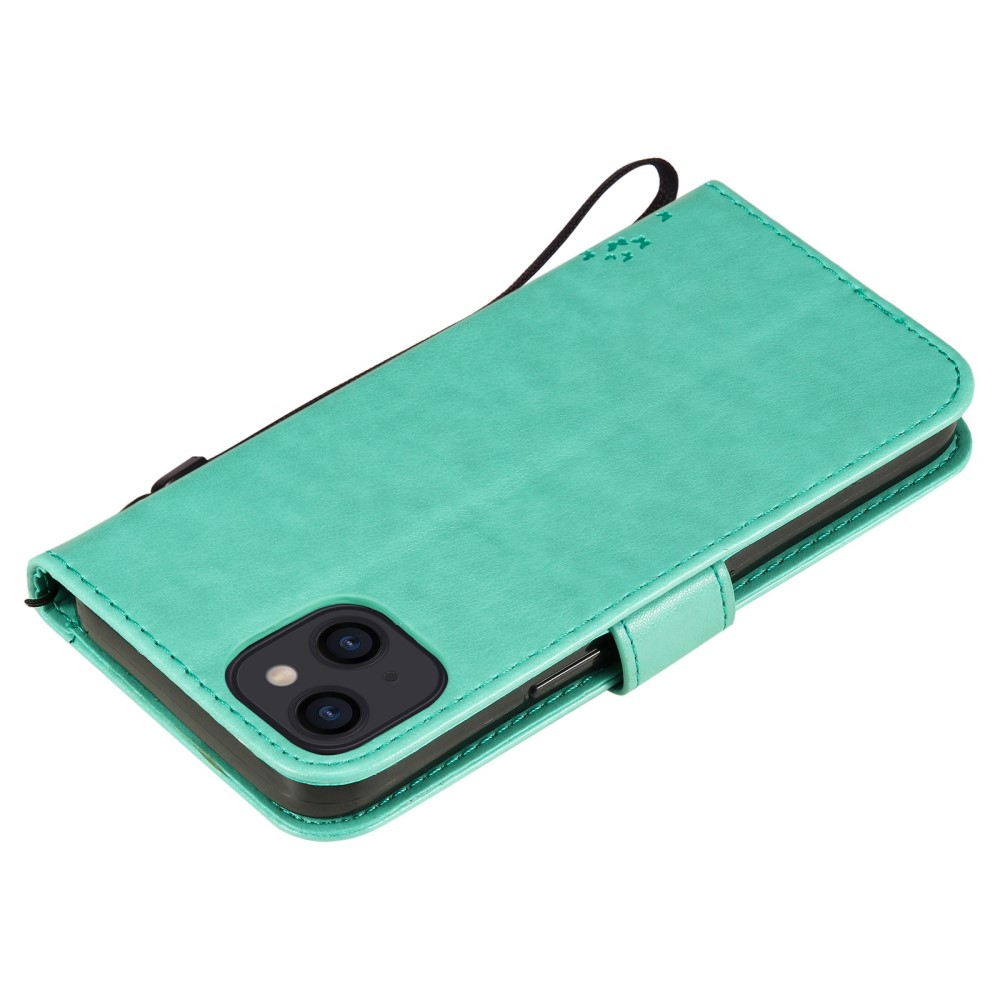 iPhone 14 Leder Tasche Flip Cover Baum Imprint - Türkis