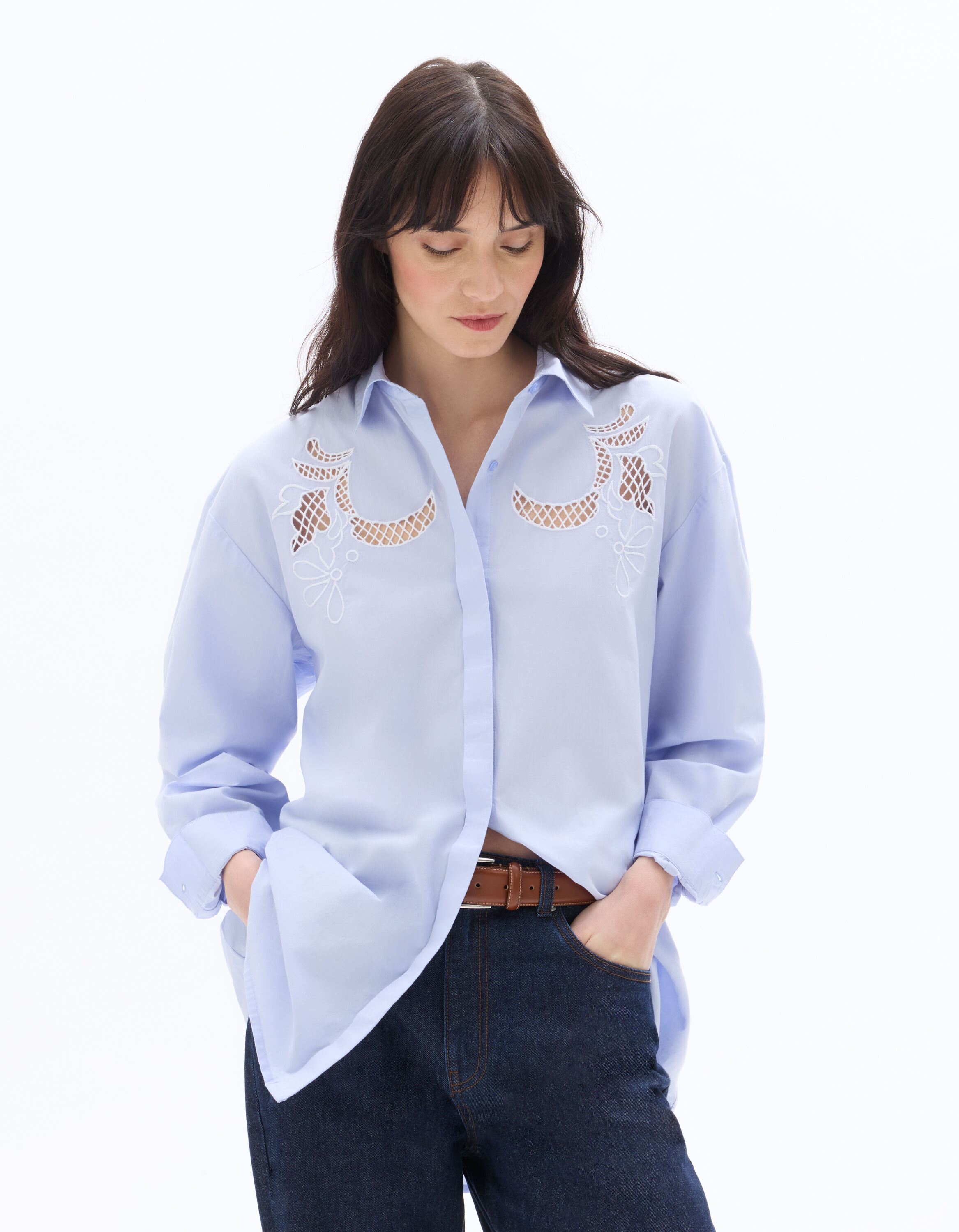 Chemise brodée en 100% coton - bleu
