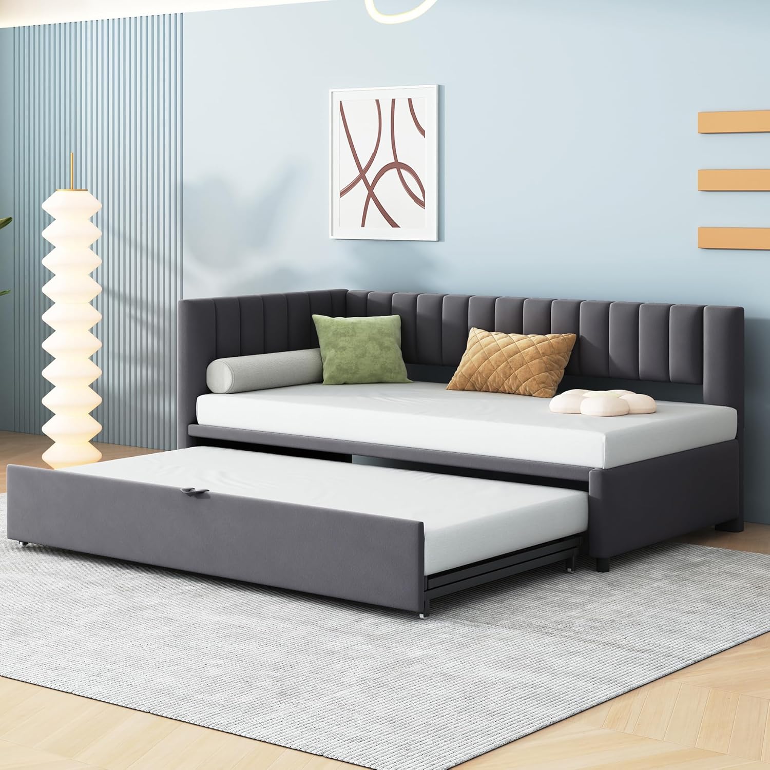 Multifunktionales L-förmiges Schlafsofa mit Ausziehbett 90/180 * 200cm, Polsterbett in Samtstoff, platzsparendes Design für Kinderbett, Gästebett（Ohne Matratze） (dunkelgrau)
