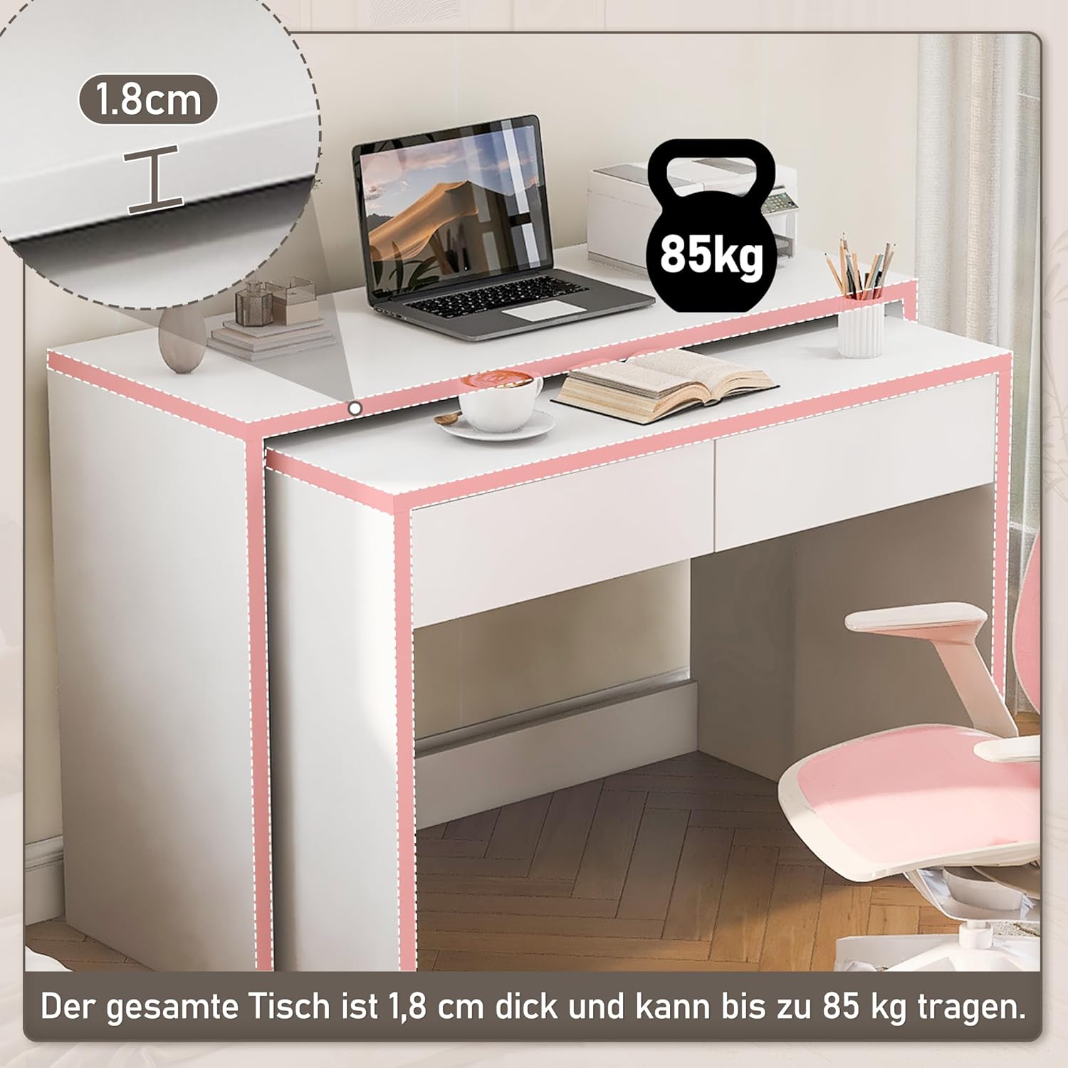 Faltbarer Schreibtisch, Schreibtisch mit Schubladen, Eckschreibtisch, Sideboard, Regalschreibtisch, 2-in-1 Kompaktschreibtisch, Ausziehbar, Rollen Ausgestattet, 110×40×78cm (Weiß)