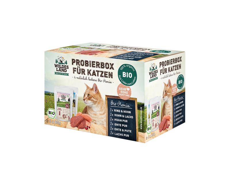Wildes Land Nassfutter Adult BIO Probierbox, 6 x 85 g Hochwertige Biofutter Box mit 6 verschiedenen Sorten