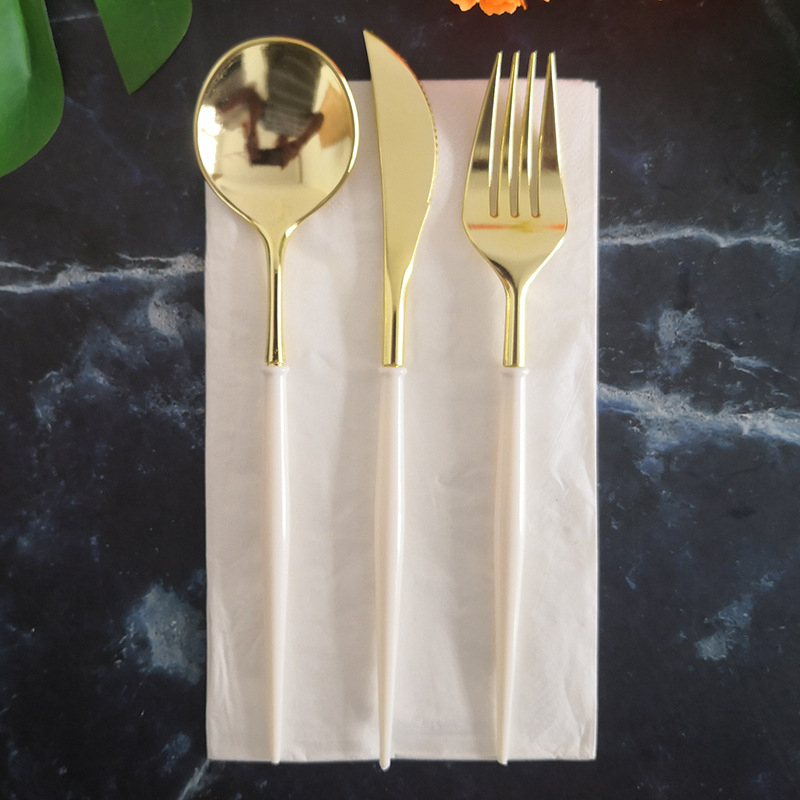 (24-tlg. Set) Einweg Besteck Party Tisch Dekoration - Gold / Weiss