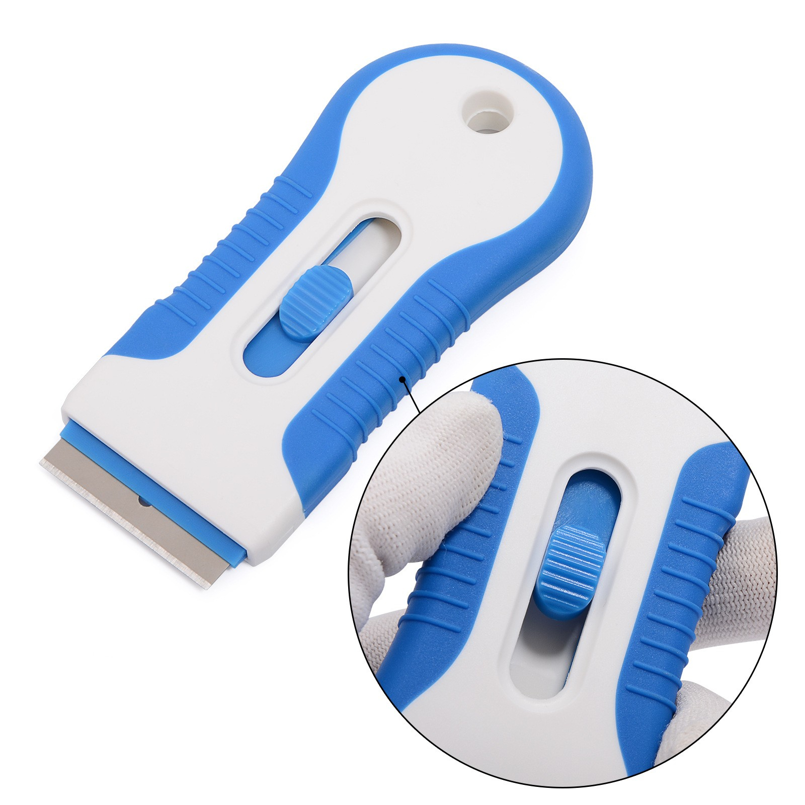 Edelstahl Kochfeldschaber Herdplatten Schaber Ergonomischer Ceranfeld Kratzer   10 Ersatzklingen - Weiss / Blau