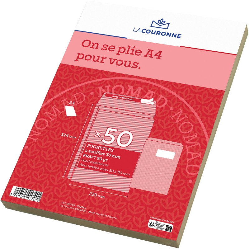 La Couronne - Pochette à soufflet 3 cm kraft 229 x 324 mm 90 g avec fenêtre 50 x 110 mm - Boîte de 50
