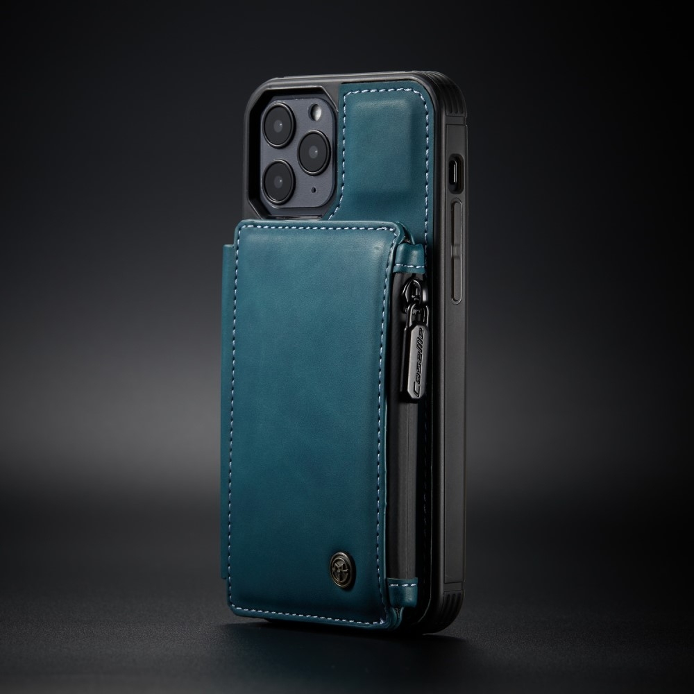 iPhone 12 / iPhone 12 Pro Leder Schutzhülle mit Münzbeutel   3 Kartenfächern - Blau / Grün