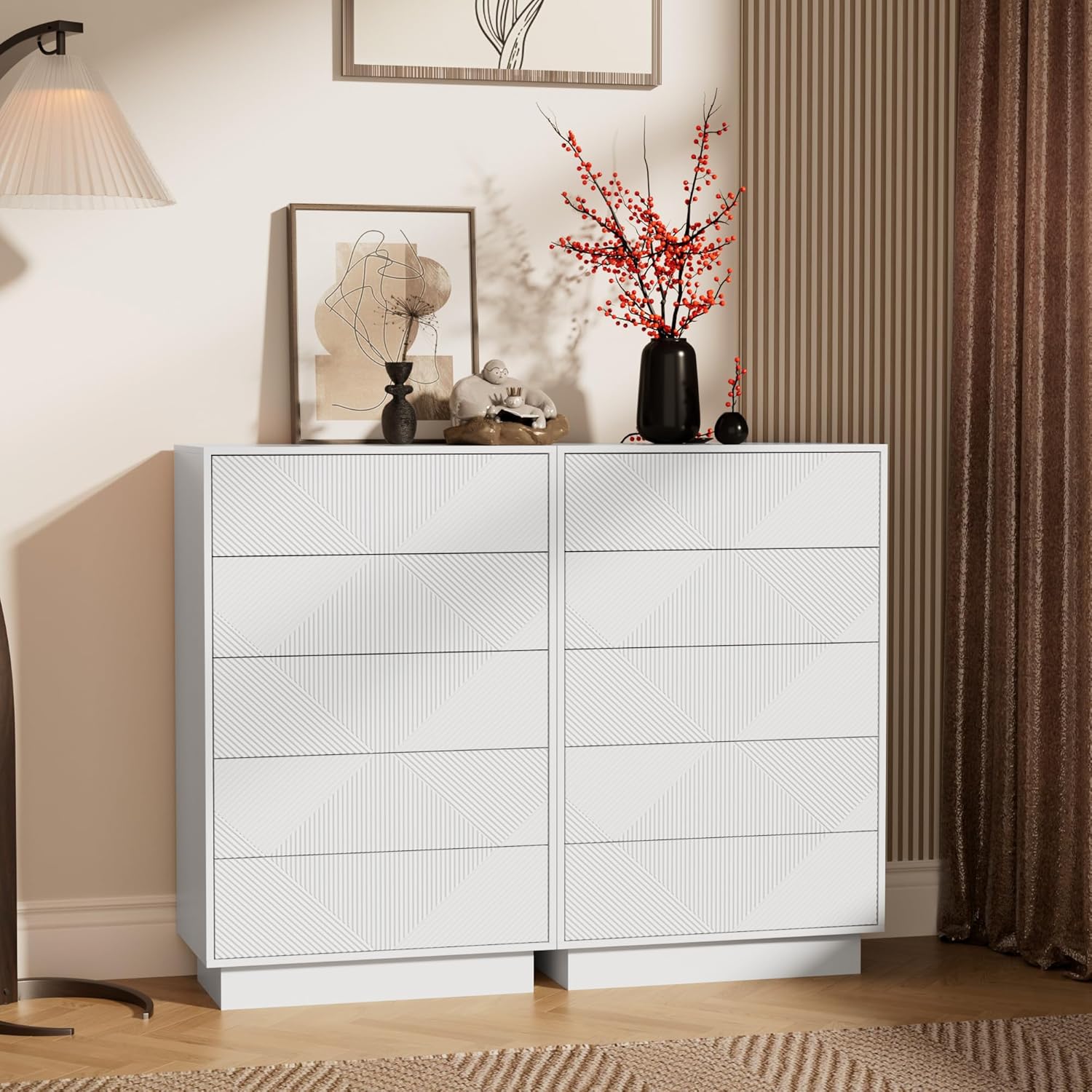 UEV Kommode mit 5 Schubladen,Drucktüröffner Push to Open schmal, Aufbewahrungskommode, Highboard, Sideboard mit Schubladen, Mehrzweckschrank für Wohnzimmer Schlafzimmer Flur Büro 60x33,5x94cm Weiß