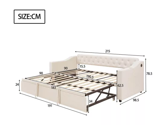 Lit gigogne 90/180x190 accoudoirs plus larges et plus épais avec port de chargement USB avec poches de rangement Velours Beige