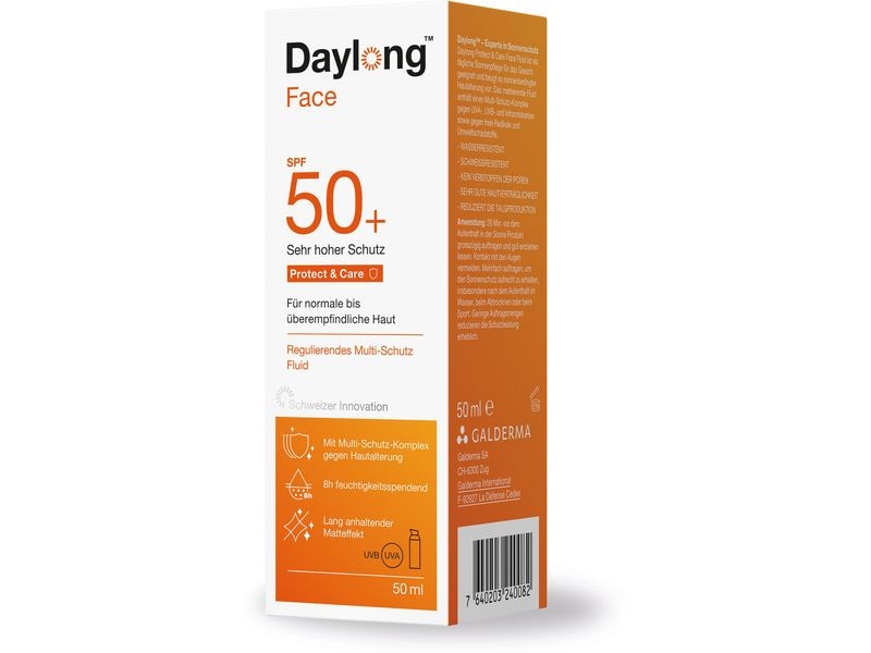 DAYLONG Sonnengel Protect and Care Face Fluid SPF 50  50 ml Wasserfeste und leicht mattierende Sonnencrème fürs Gesicht