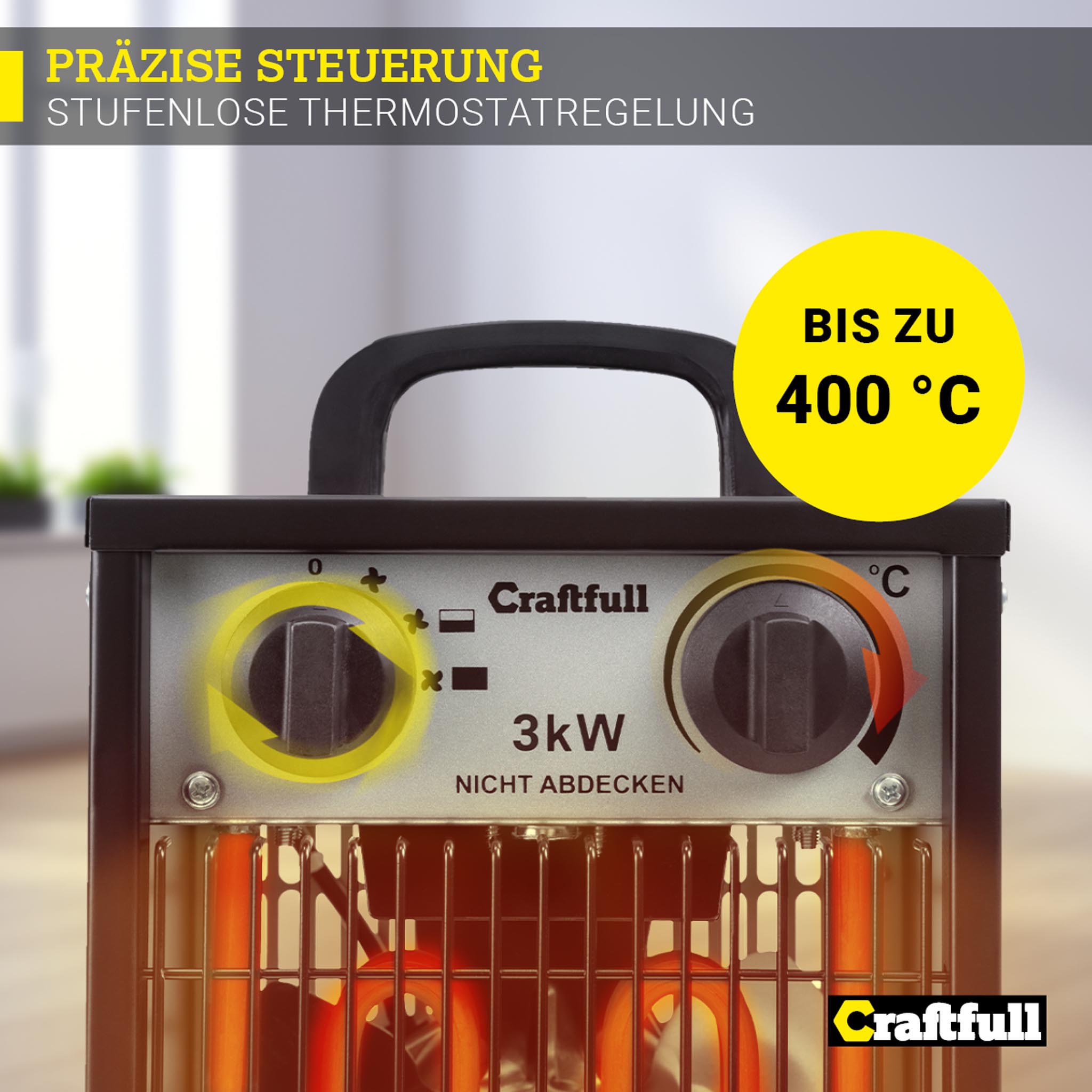 Craftfull Elektro-Heizlüfter HL200, 2000/3000 Watt, Überhitzungsschutz, Thermostat, Griff, Stahl (3000 Watt)