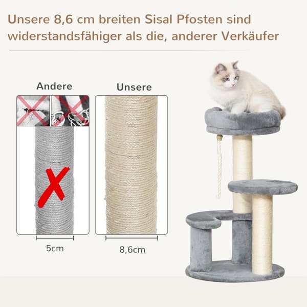 Kattetre Med Hengekøye 3-Lags Leketre Med Sisal Søyler, Grå, Ø40Xh65 Cm
