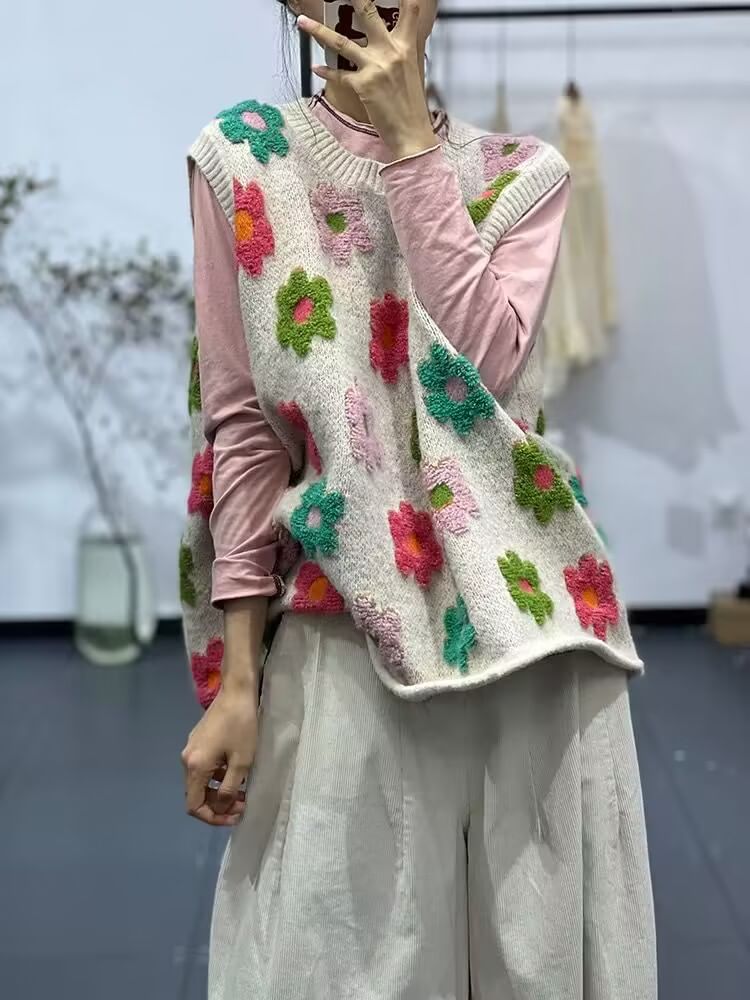 Taragon - Ronde hals bloementrui vest