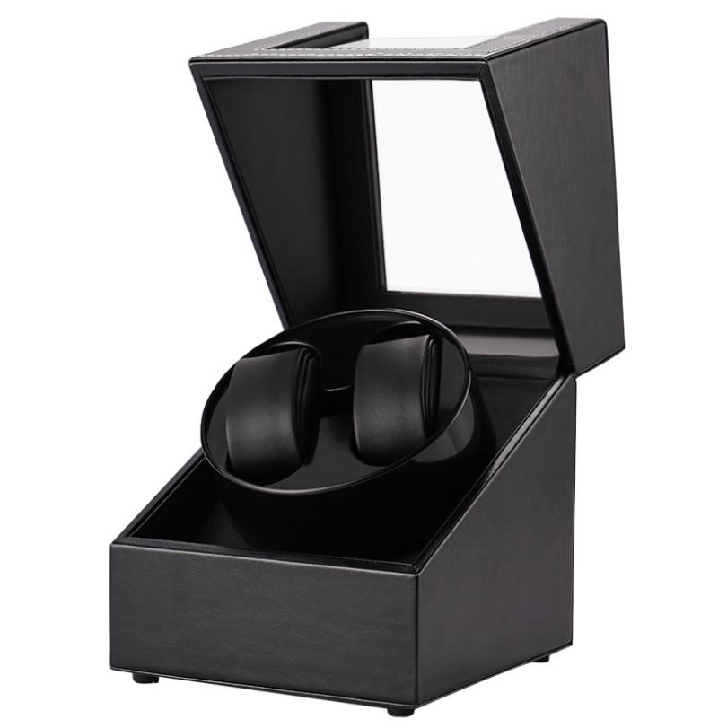 Automatische Leder Uhrenbeweger Box Rotierendes Uhren Gehäuse für 2 Uhren - Schwarz