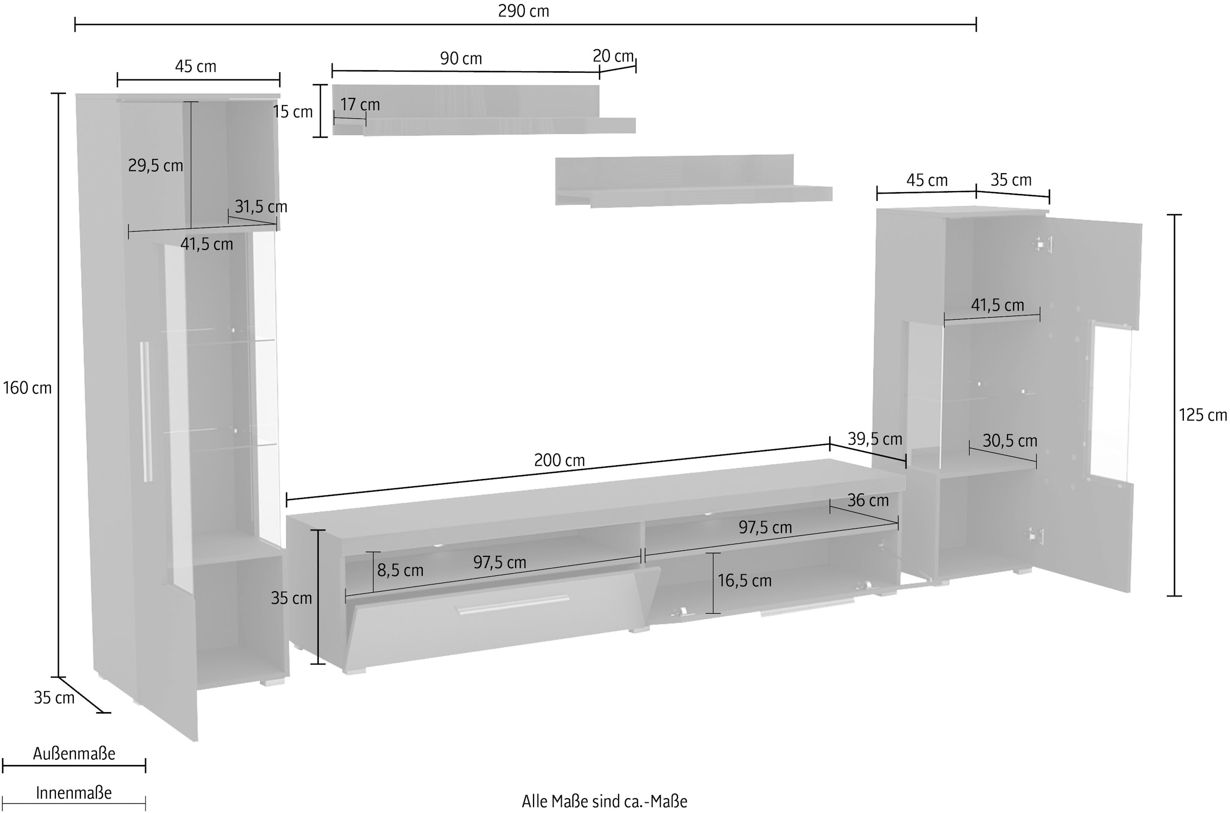 INOSIGN Wohnwand »India,Breite 290cm moderne Mediawand ohne Beleuchtung« 5 Stk. tlg.
