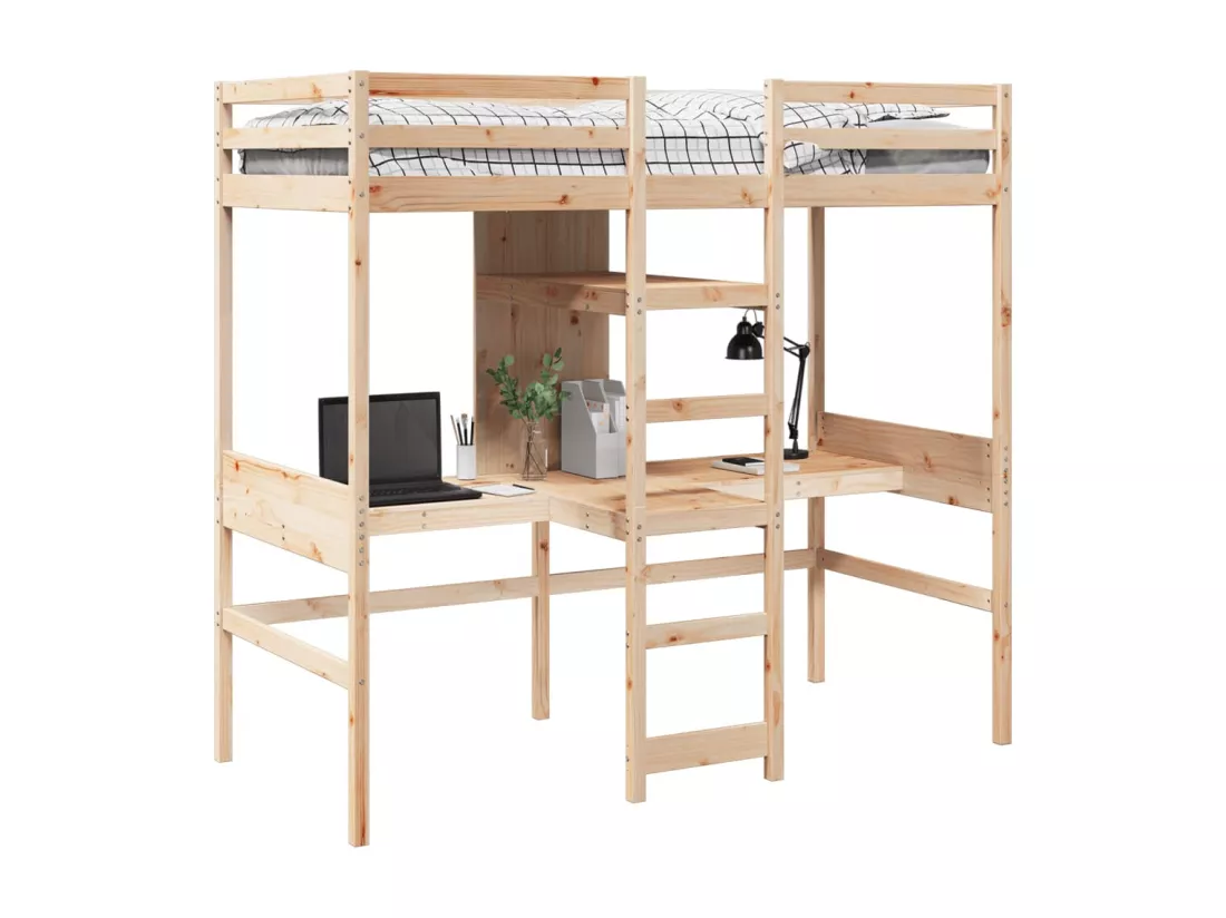 Lit mezzanine avec bureau et étagères 90x200 cm pin massif