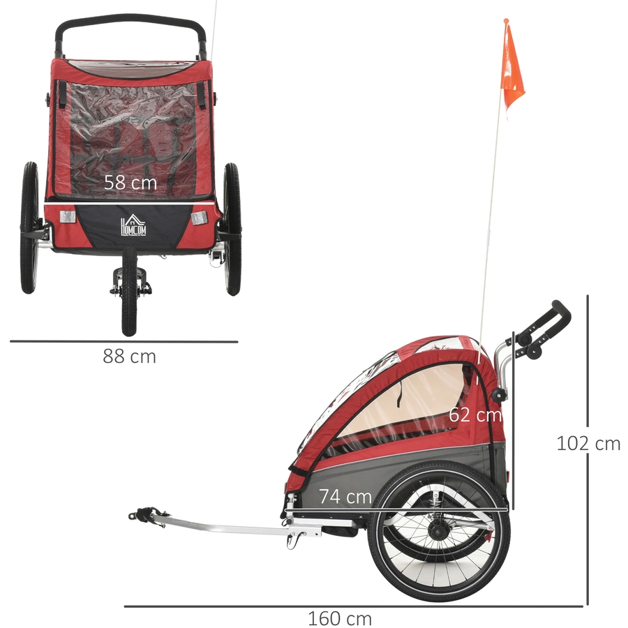 HOMCOM 3in1 Kinderwagen auch als Jogger und Fahrradanhänger rot