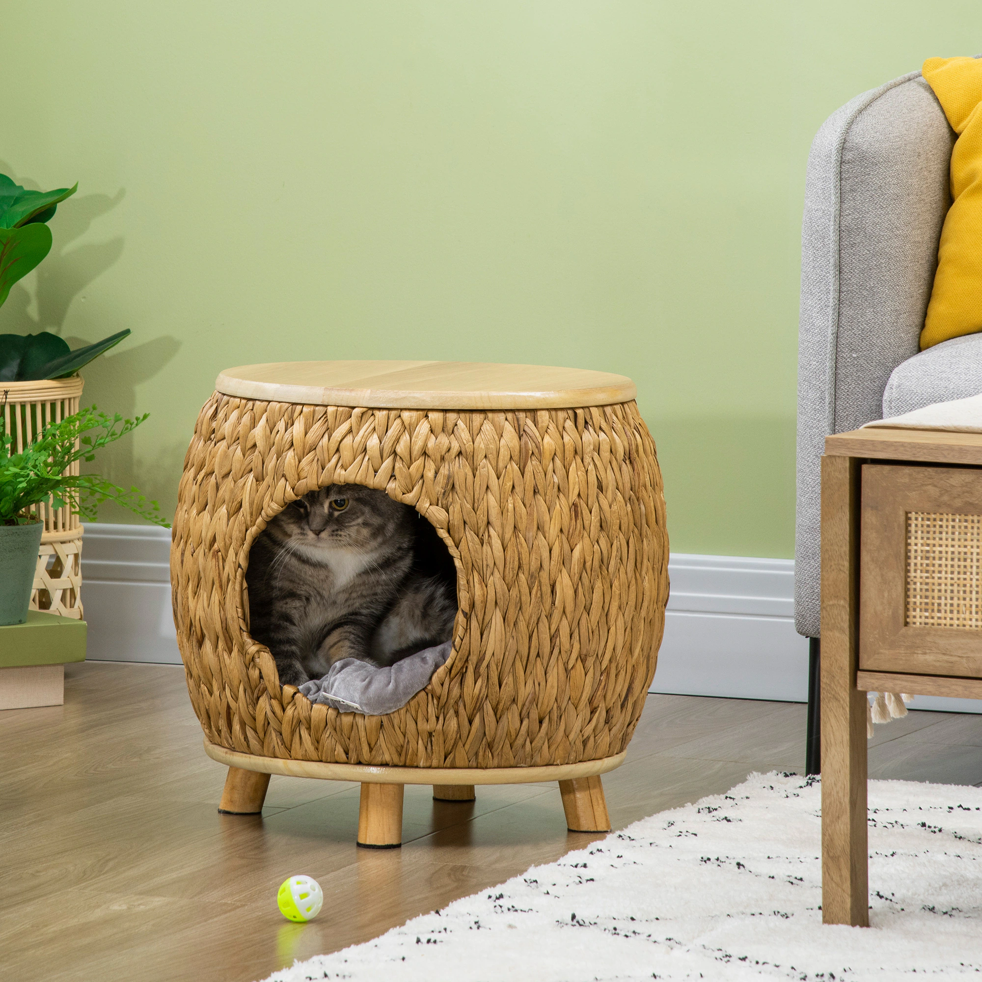 PawHut Rattan Katzenhaus mit Kissen natur 44L x 43B x 42H cm