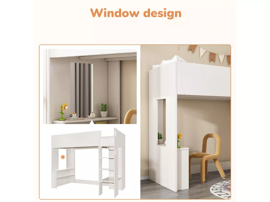 Lit mezzanine 90x200 cm pour enfant - avec armoire, étagères ouverts et escalier - Blanc