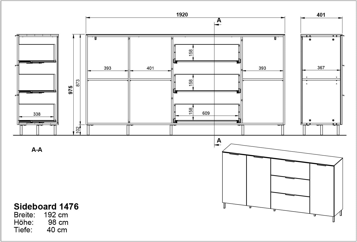 CASAVANTI Sideboard CALIFORNIA 192 x 98 cm Graphit/ Navarra-Eiche
