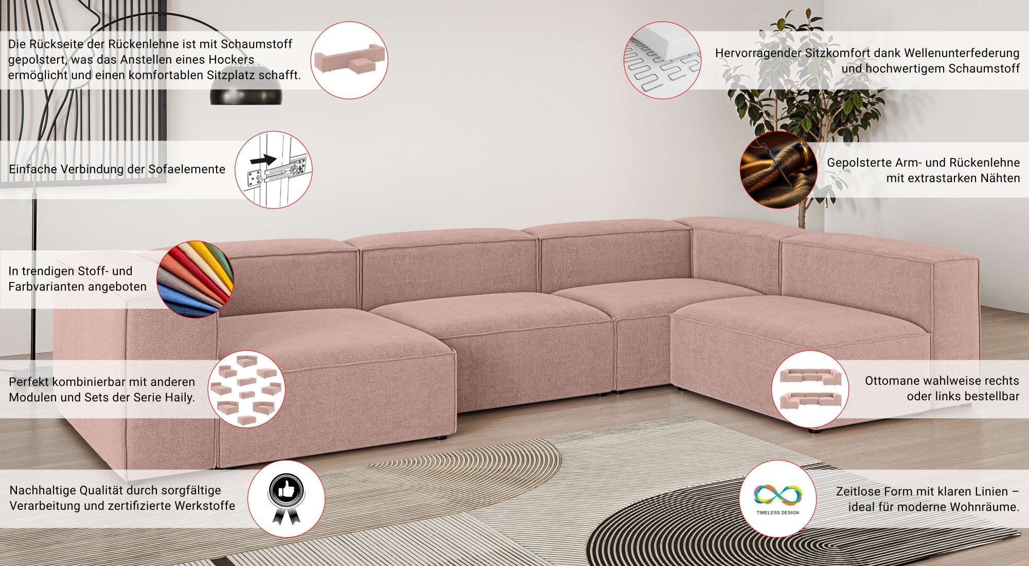 GOODproduct Wohnlandschaft »HAILY U-Form mit Ottomane links/rechts, Masse B/T/H: 360/200/72 cm« als Modul oder separat verwendbar, für individuelle Zusammenstellung