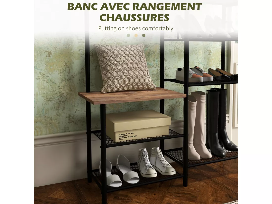 Vestiaire d'entrée banc porte-manteaux avec étagère à chaussures style industriel acier noir aspect bois