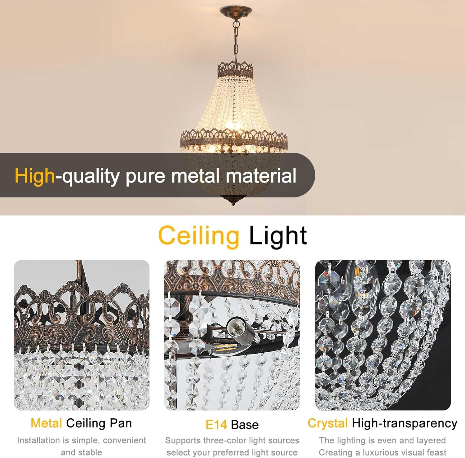 Kronleuchter Kristall Vintage,E14 Lüster Chandelier mit Verstellbarer Kette 100cm,6-Licht Pendelleuchte Esstisch,Antik Schwarz-Gold Deckenlampe Hängend for Hängelampe Esstisch,60W,Ø46cm.