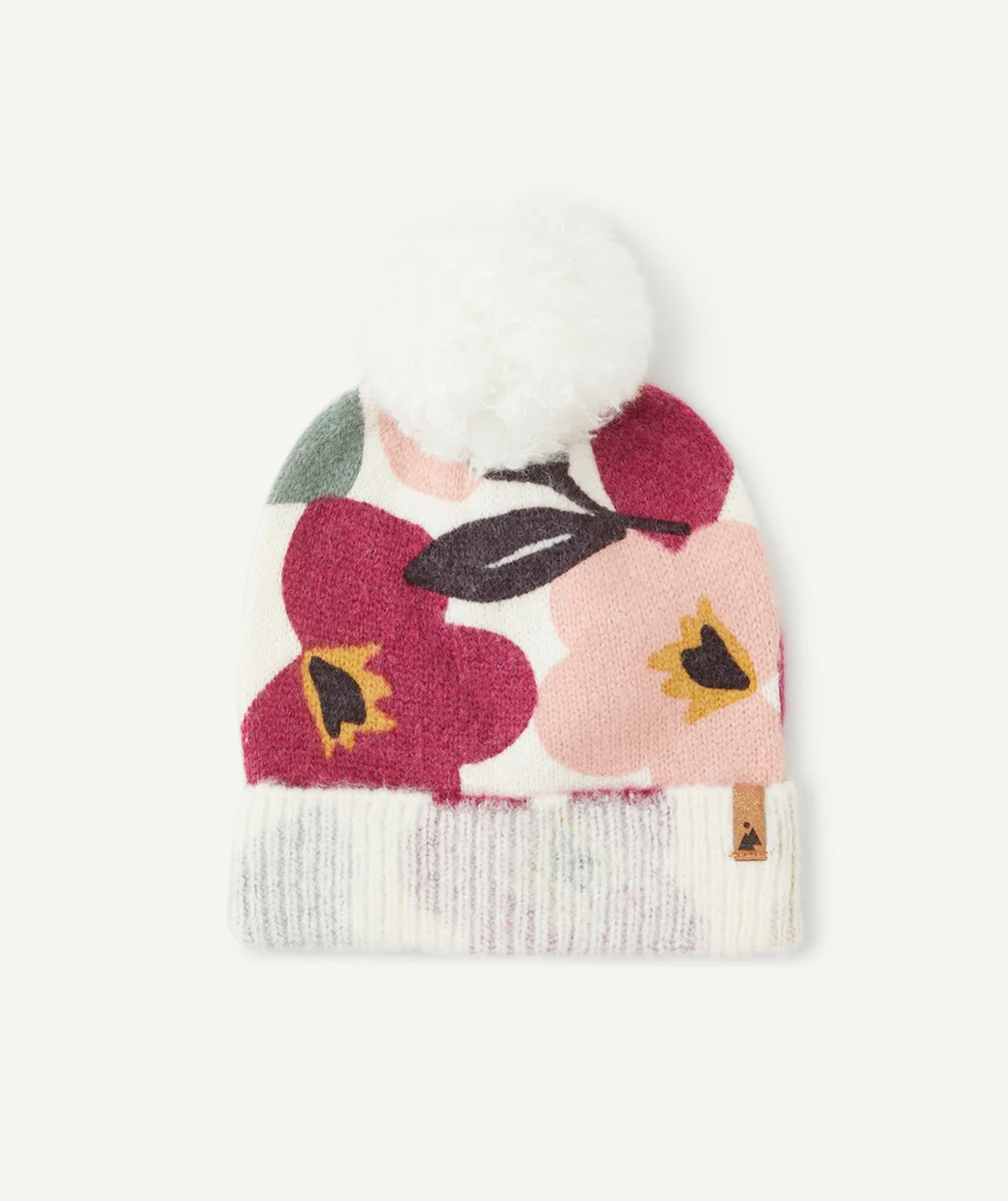 BONNET TRICOT FILLE ÉCRU ET IMPRIMÉ FLORAL AVEC POMPON