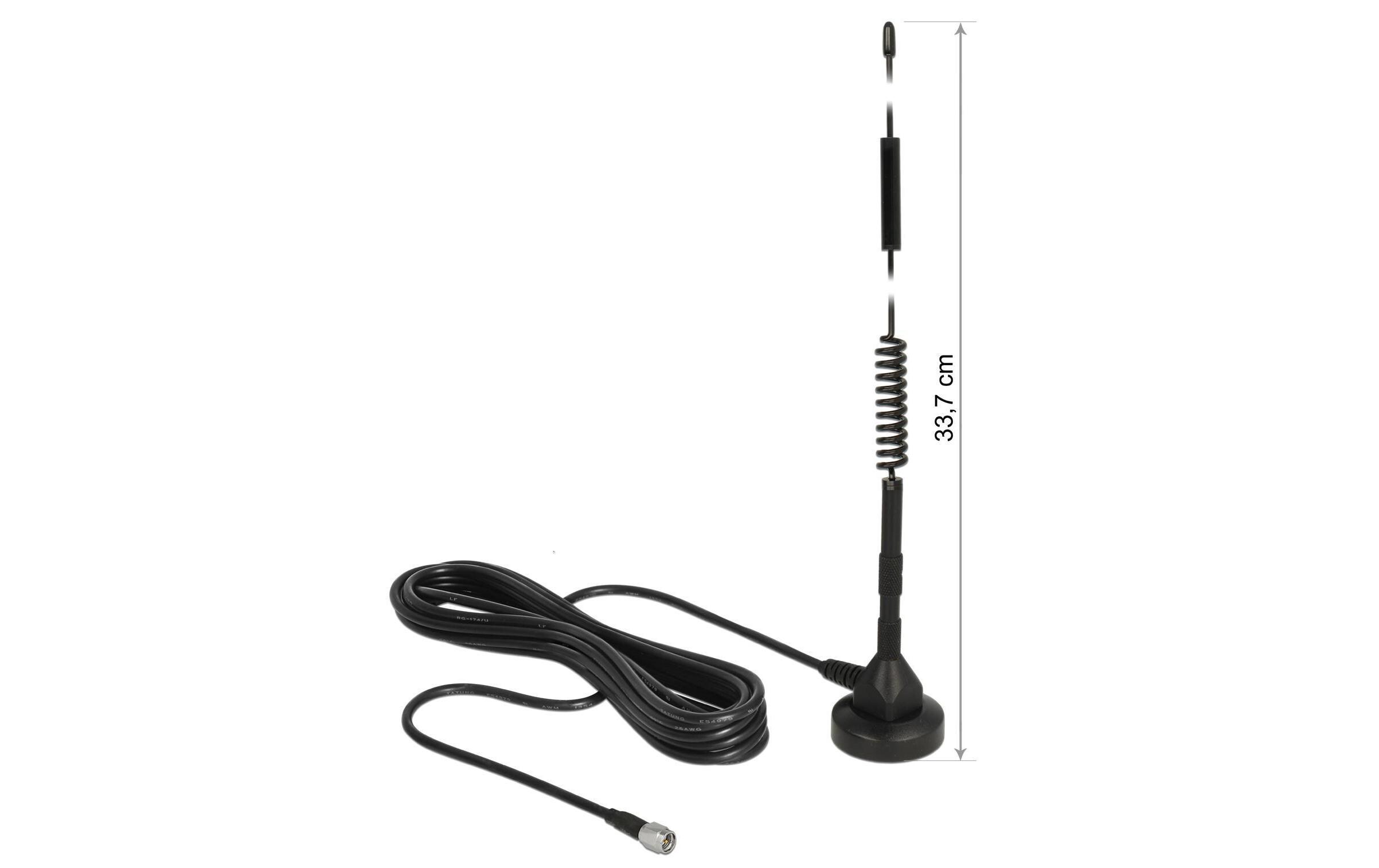 LTE/LoRA-Antenne 0.9-2.6GHz, 33.7cm SMA 5 dBi RundstrahlDelock LTE Antenne SMA Stecker 5 dBi 33.7 cm starr omnidirektional mit magnetischem Standfuss und Anschlusskabel RG-58 3 m outdoor schwarz