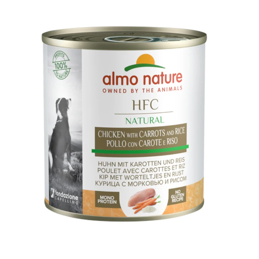 Almo Nature HFC Frango, Cenoura e Arroz em lata, 280g, para cães.