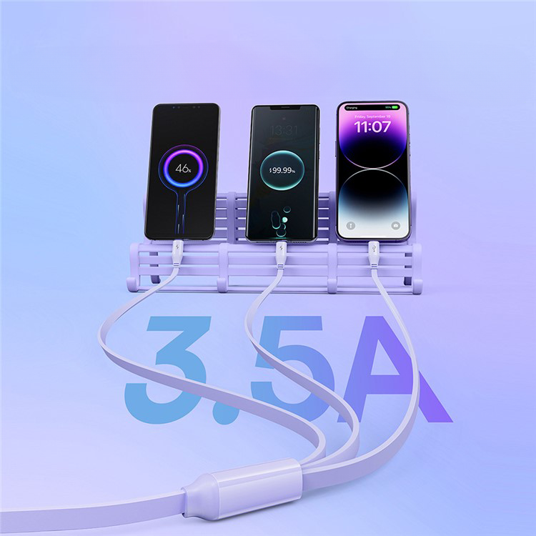 (1.1m) 3.5A 3in1 USB A auf USB C / Lightning / Micro USB Ladekabel Ausziehbares Datenkabel Löwe Design - Lila