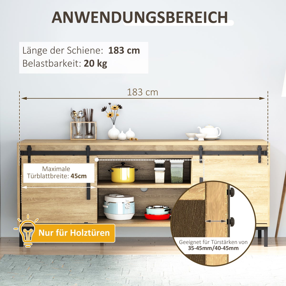 HOMCOM Schuifdeursysteem Rail Schuifdeurbeslag voor dubbele houten deuren Accessoires Koolstofstaal Zwart 183 x 0,6 x 18 cm