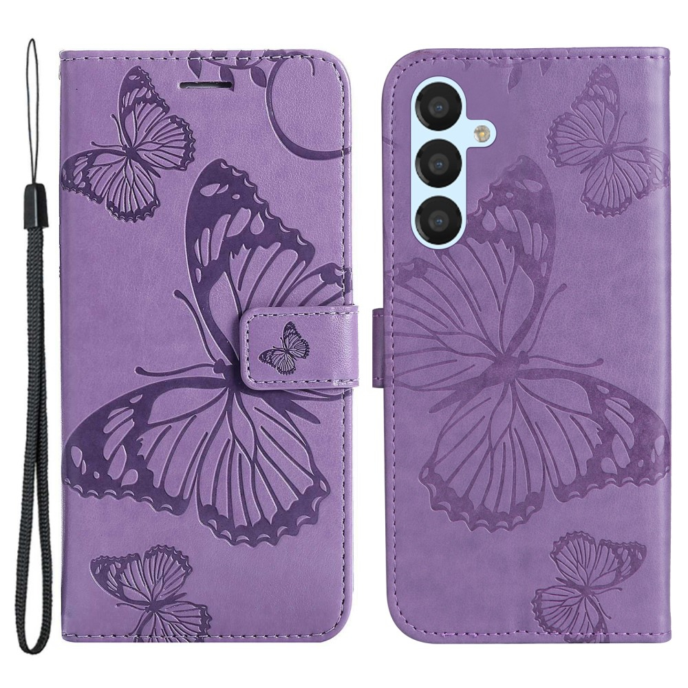 Samsung Galaxy A54 5G Leder Tasche mit Kartenfach   Handschlaufe Schmetterling - Lila