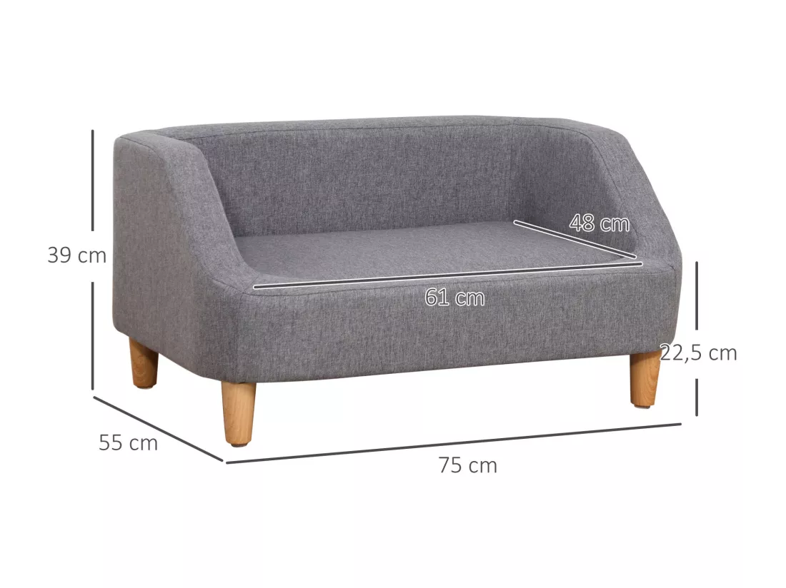 Canapé chien lit pour chien design scandinave déhoussable dim. 75L x 55l x 39H cm pieds bois tissu polyester gris