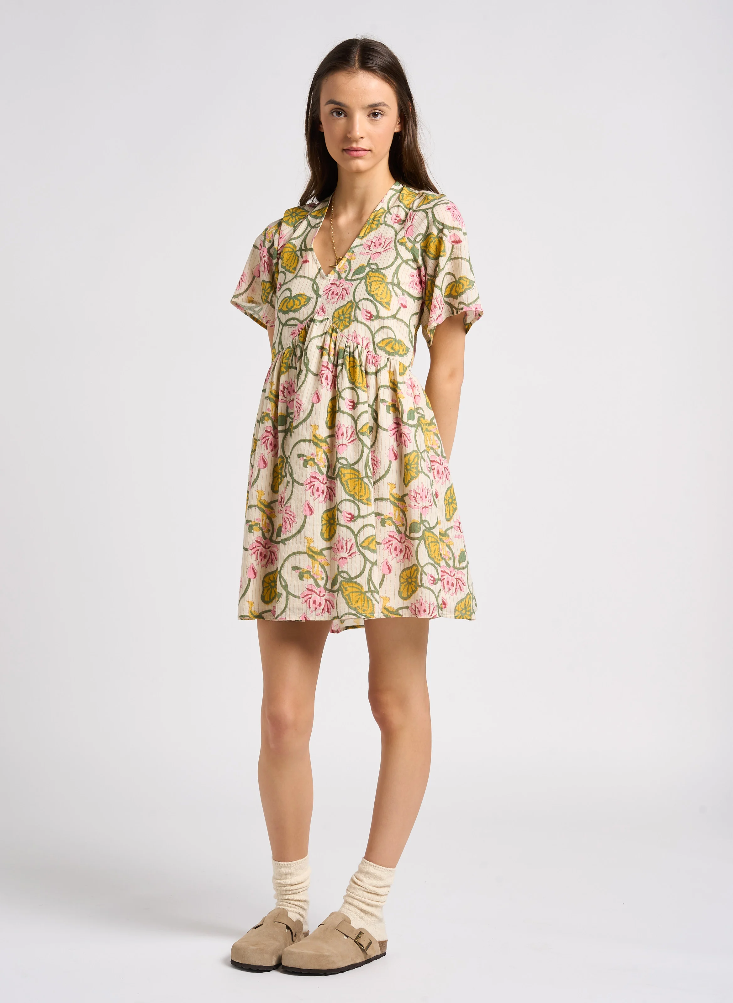 MAEVA - Robe courte col V en coton mélangé| Rose