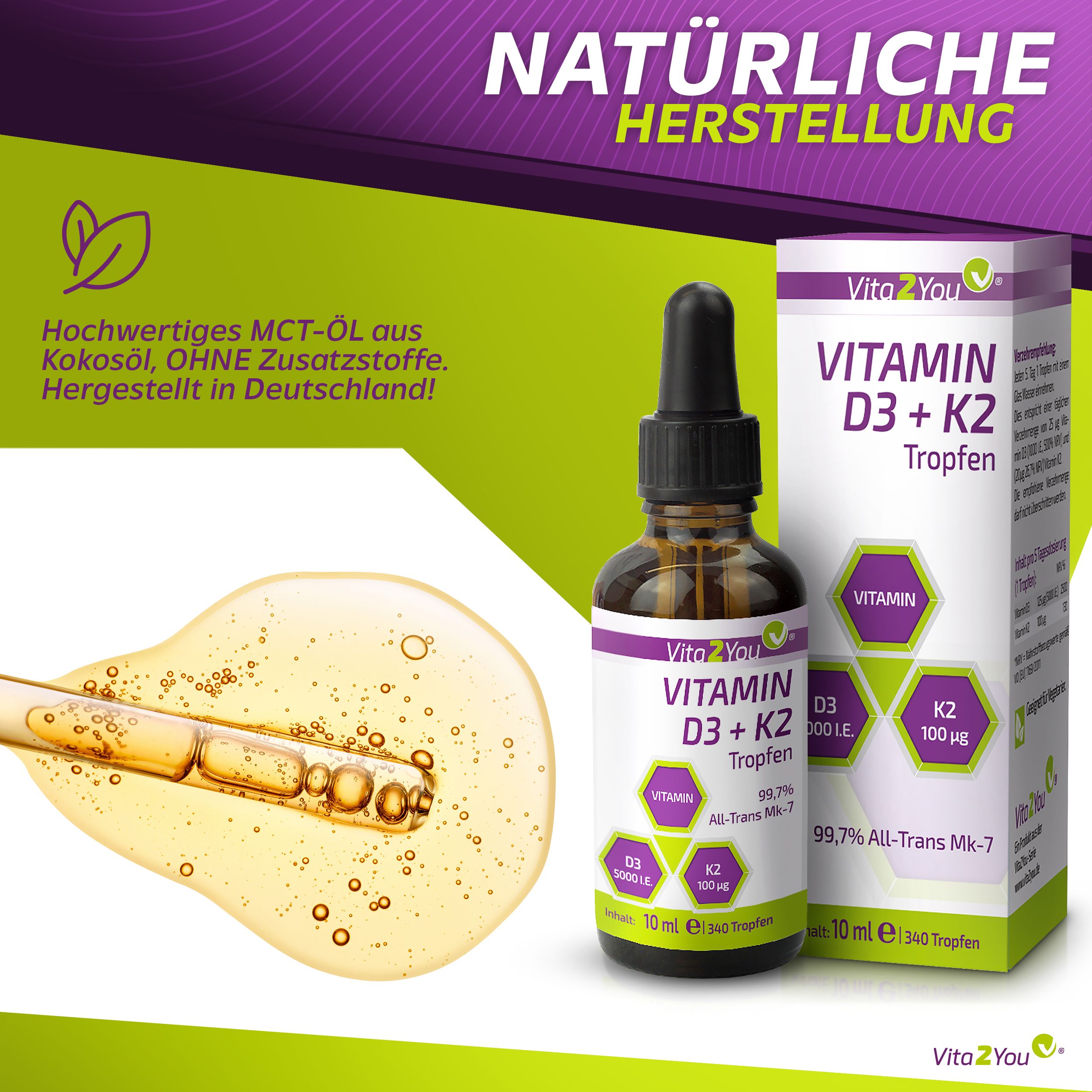 Vita2You Vitamin D3 + K2 Tropfen 5000IE - 100µg Vitamin K2