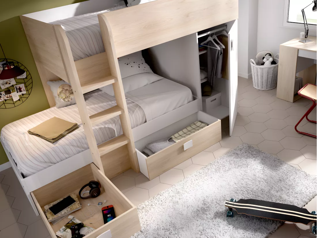 Lits superposés d'angle réversibles RICARDO - 2 x 90 x 190 cm - Rangements intégrés - Chêne et blanc + matelas