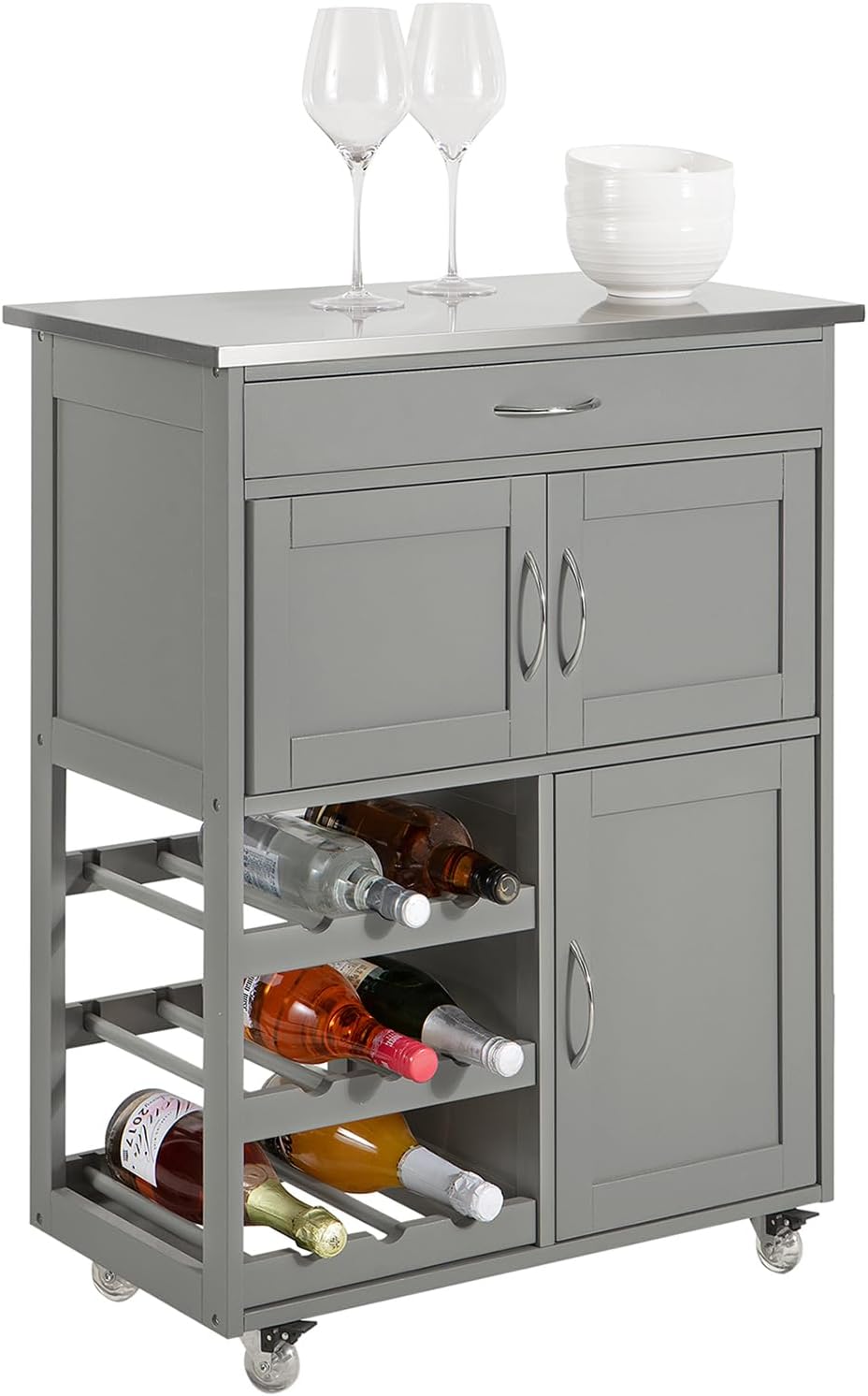 SoBuy Servierwagen mit Rollen Küchenwagen mit Arbeitsplatte Rollwagen mit Schubladen, Weinregal Kücheninsel Küchenregal stehend Möbel für Küche, Esszimmer & Outdoor Hellgrau 67x86x38cm FKW45-HG