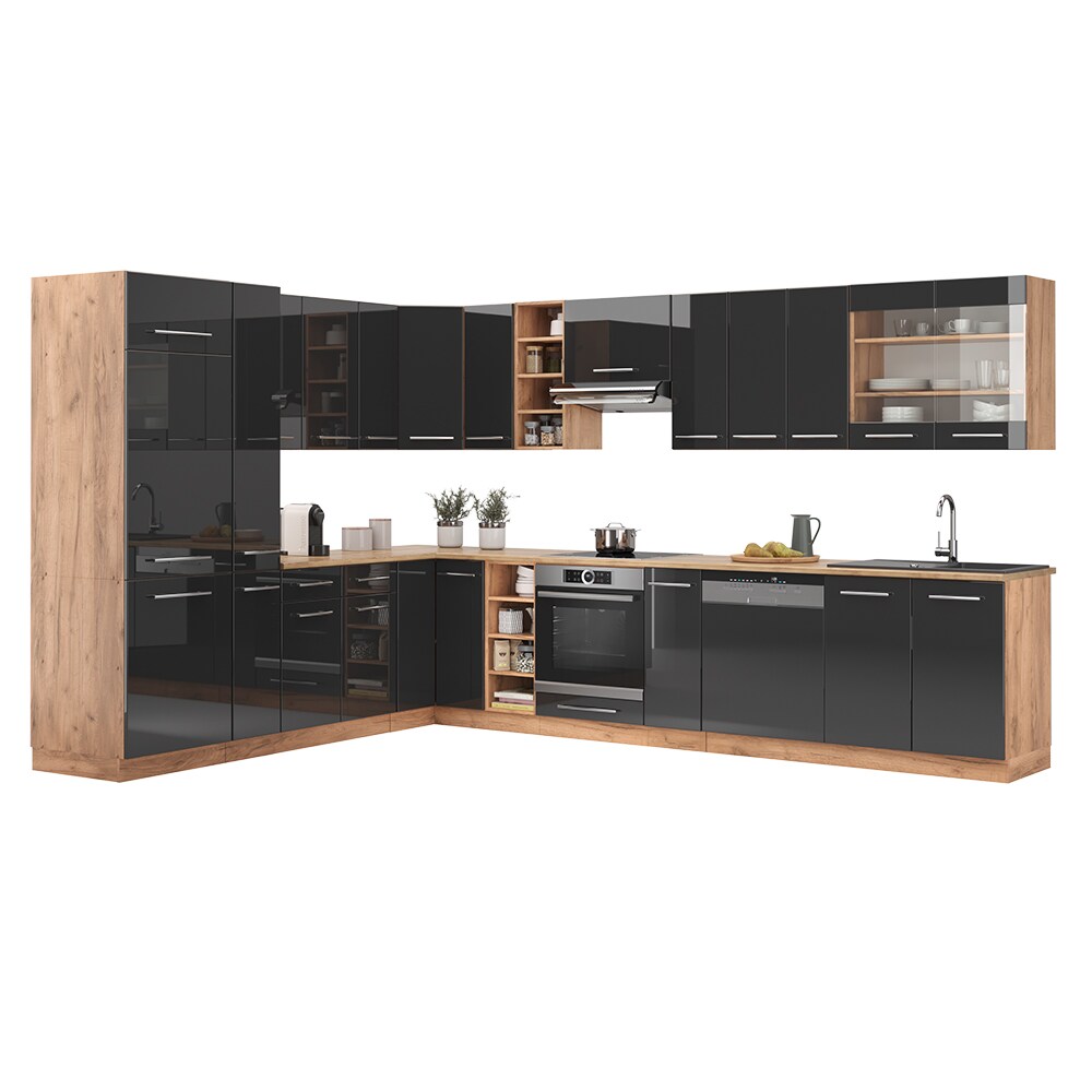 Vicco Eckküche Küchenzeile Einbauküche Fame-Line Eiche Anthrazit 257x347 cm modern Spülenunterschrank Unterschrank Herdumbauschrank Hängeschrank Kühlumbauschrank Apothekerhochschrank Blende