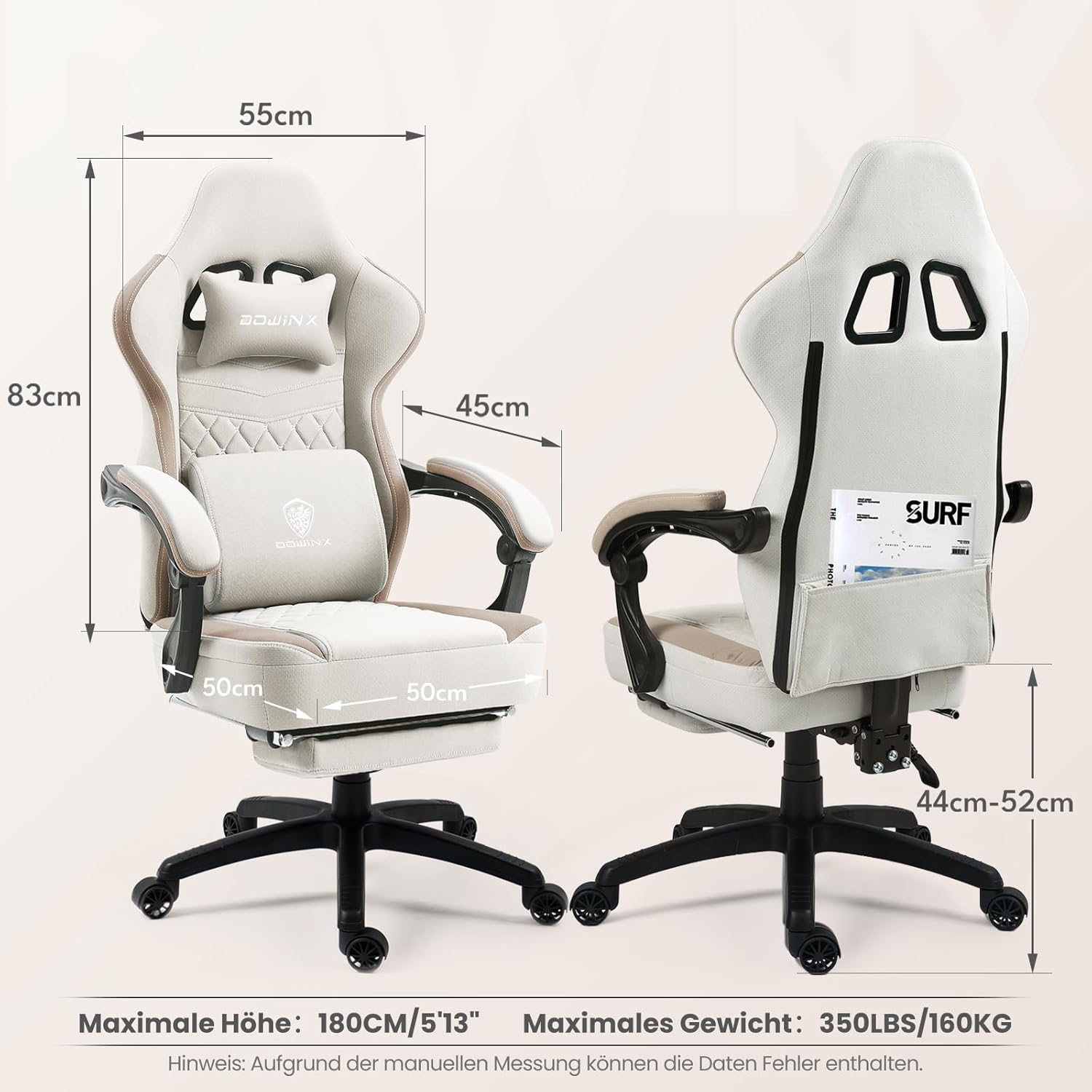 Dowinx Gaming Stuhl Stoff, Massage Gaming Sessel mit Fußstütze, Ergonomischer PC Stuhl Gamer Stuhl Bürostuhl 150 kg belastbarkeit, Beige