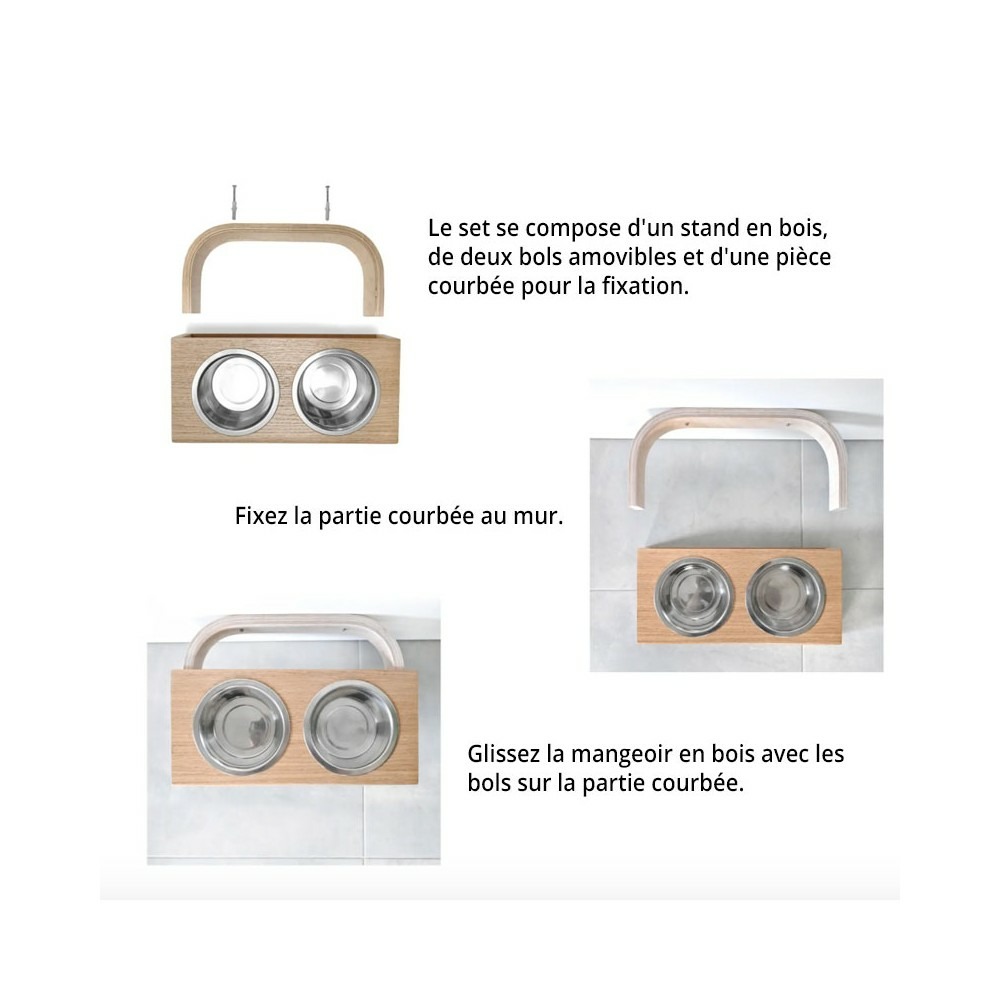 Dubuo - set de 2 gamelles pour chien surélevées, support mural en bois, taille m