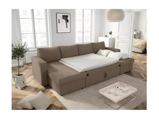 Canapé panoramique 6 places Maria convertible avec 2 coffres en velours côtelé - Taupe - L295 x P146 x H81cm - Loungitude