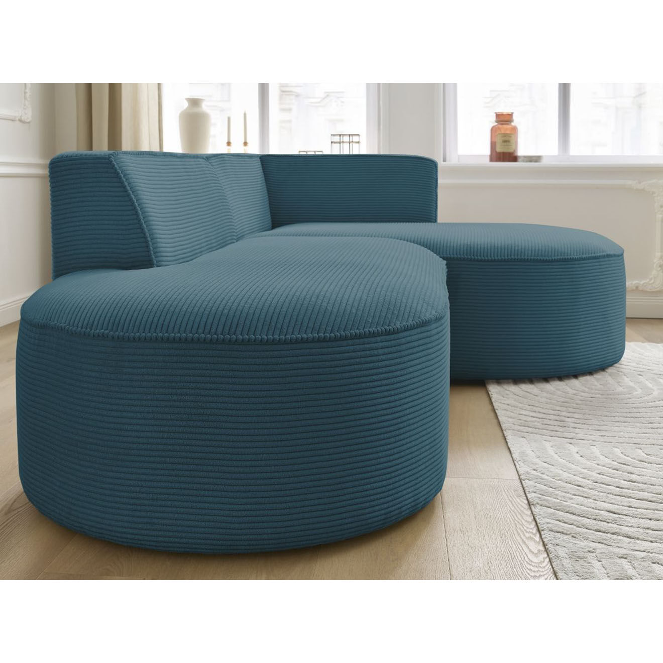 Bobochic Canapé d'angle droit fixe 4 places Rousseau texturé bleu foncé - 250x160x72 cm