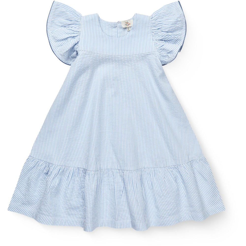 Køb COPENHAGEN COLORS Sky Blue W Cream Stripe W Ocean Blue Seersucker Kjole W. Flæse Ærmer