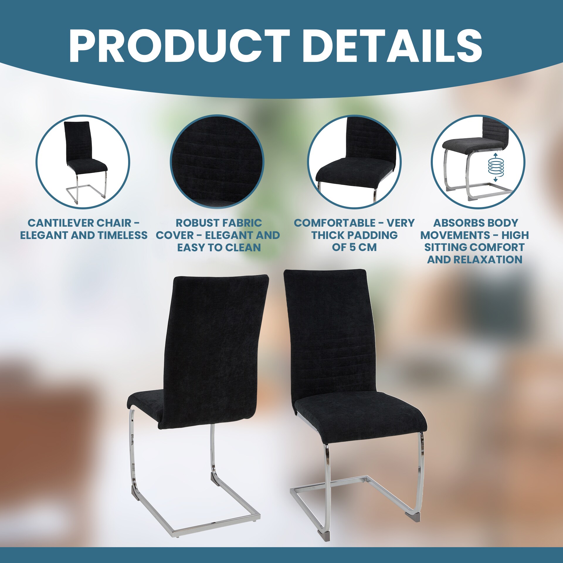 Freischwinger Stühle 4er Set LUGANO, Schwarz - Esszimmerstuhl Schwingstuhl mit modernem Design, Stoff-Bezug, dicke Polsterung - Küchenstuhl, Polsterstuhl, Stuhl Esszimmer oder Esstisch Stuhl