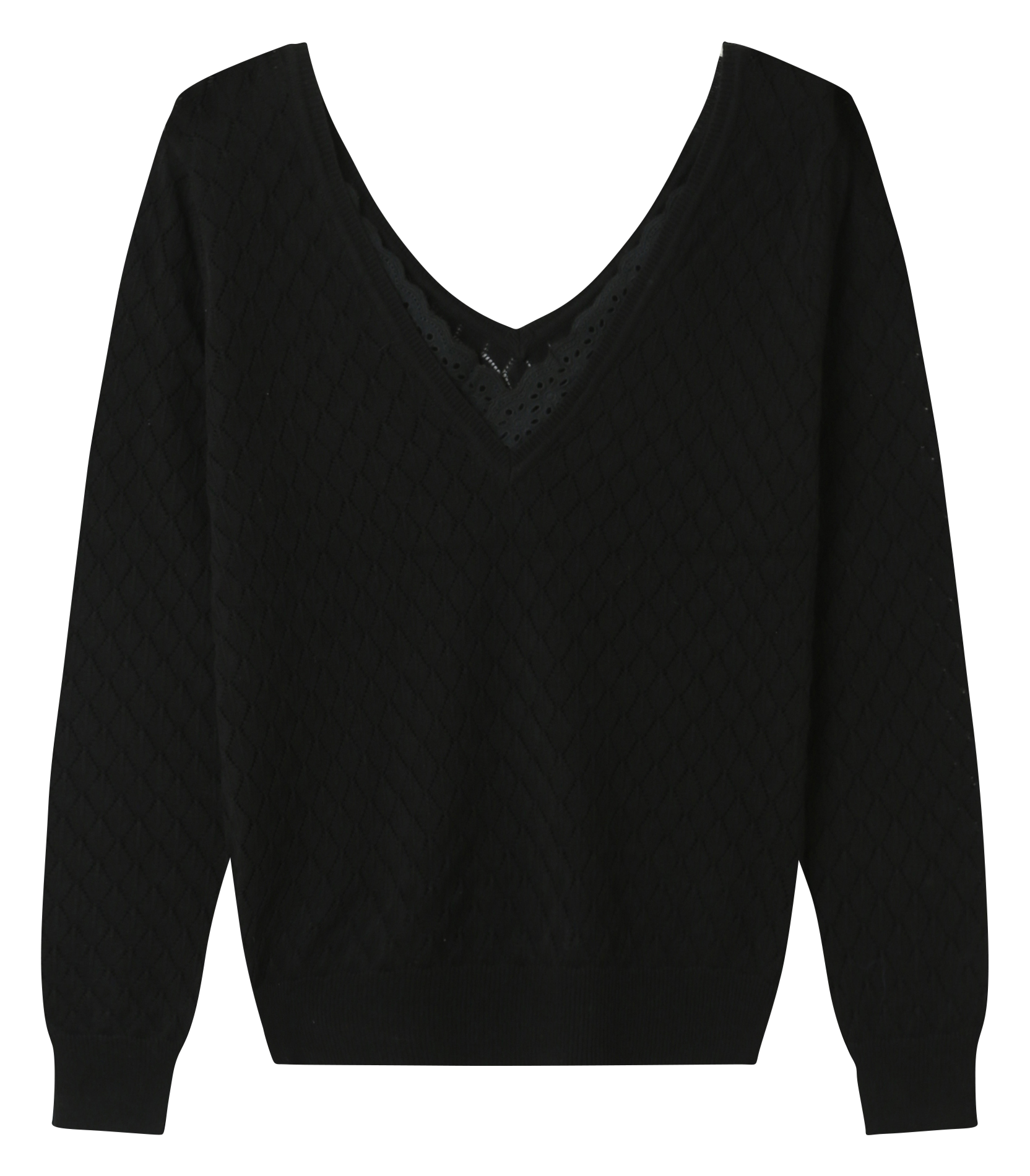 IDA - Pull à col v ajouré en viscose et coton| Noir