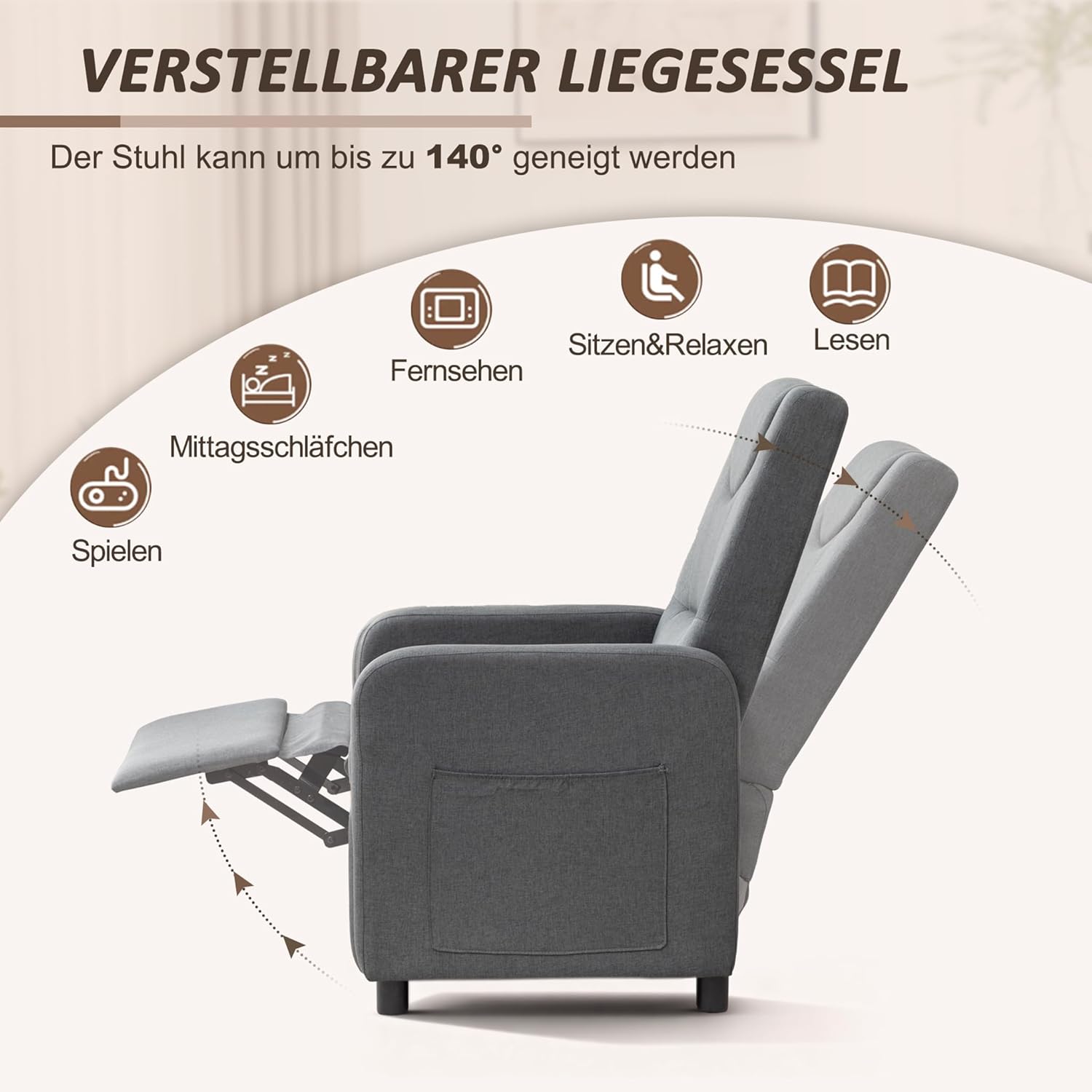 Relaxsessel Fernsehsessel Ruhesessel mit Liegefunktion, Einzelliege Sessel 140° Verstellbarer Rückenlehne, Ergonomisch Lounge Sessel bis 160 kg für Wohnzimmer Heimkino, (Dunkelgrau)