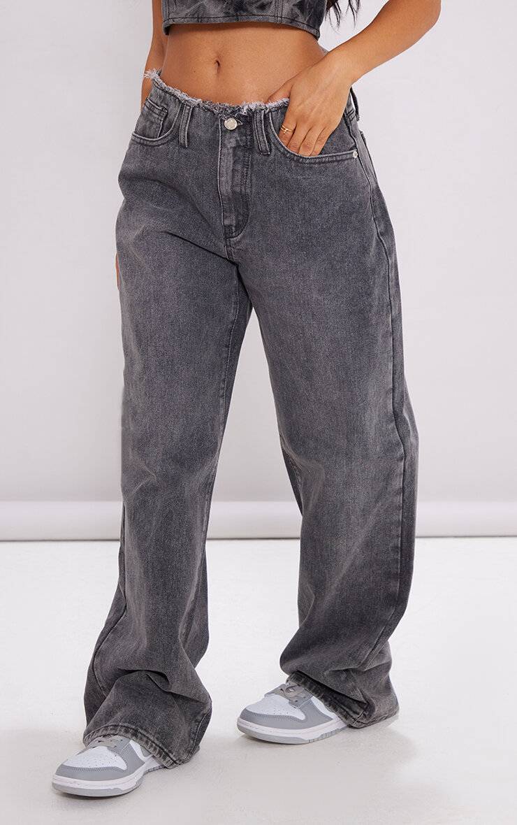 Washed Grey Jean Petite Taille Basse Coupe Droite Taille Effilochée